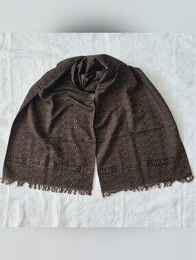 Auth CHANEL Jacquard Wool/Silk Shawl Scarf